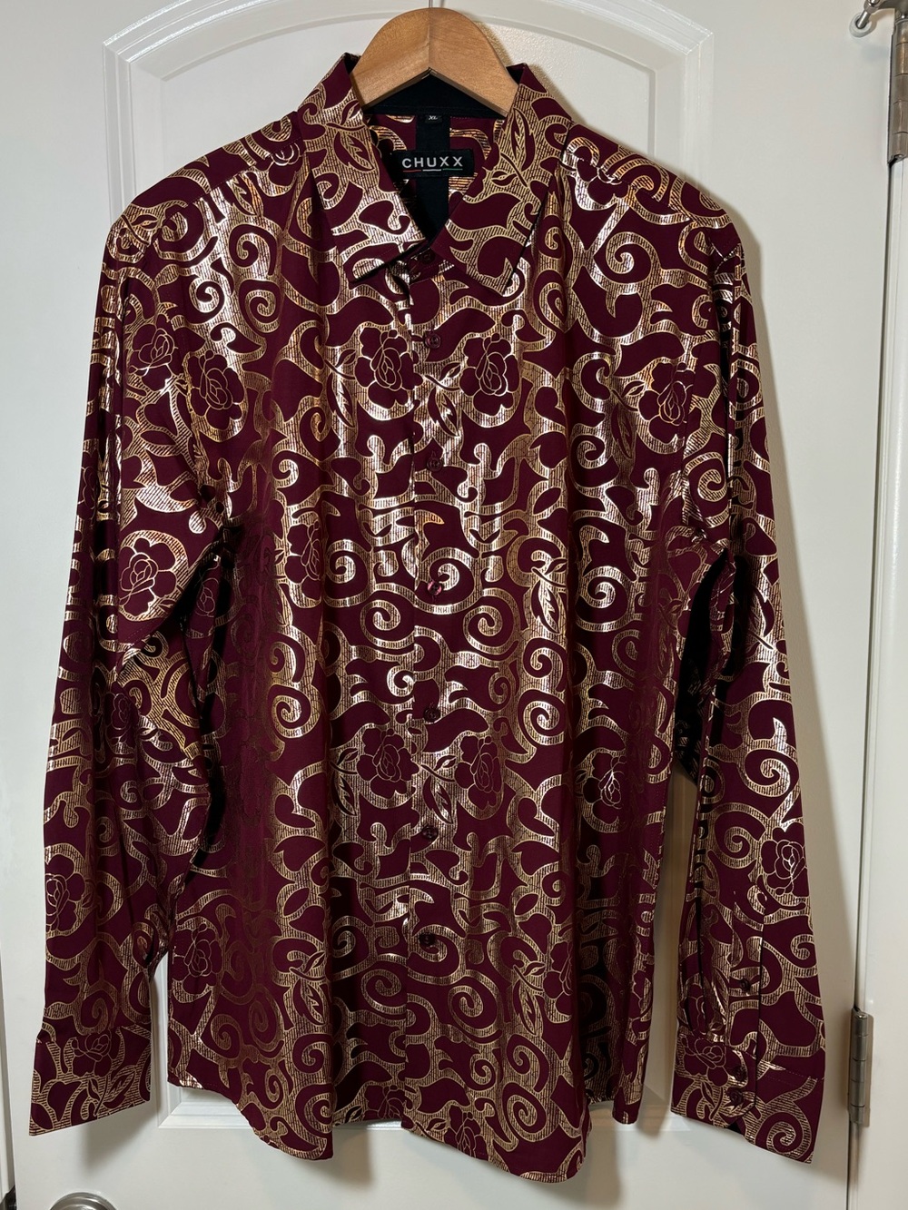 CHUXX Burgundy and Gold Brocade Button-Up Shirt